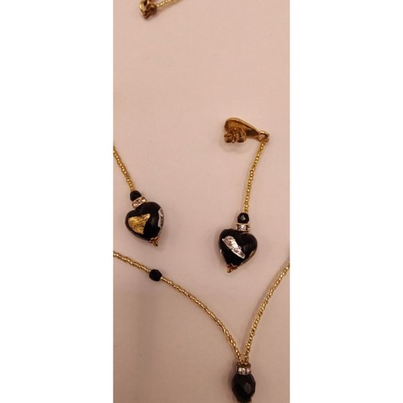 Vintage Gold Tone Clear Navy Clear Glass Beads Heart Necklace Earring Set - Picture 12 of 14